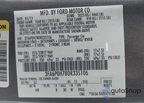 2013 Ford Fusion Se from USA, damaged, VIN 3FA6P0H78DR335106